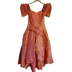 Vintage 80s Peach Ombre Poofy High Low Fit and Flare 3D Floret Prom Dress